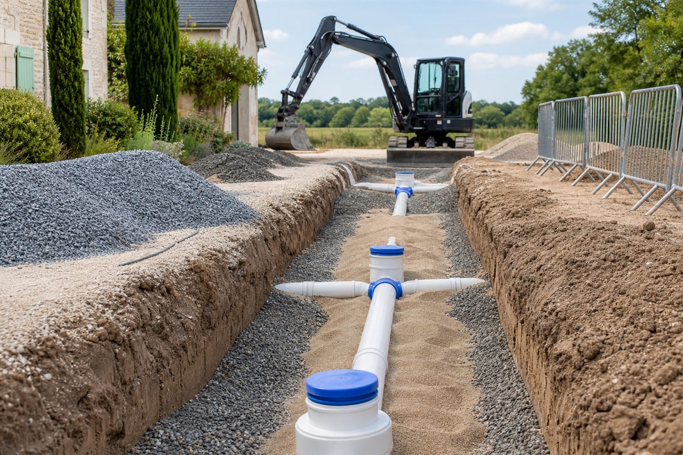 Travaux d'assainissement en Touraine avec tranchée technique et canalisations